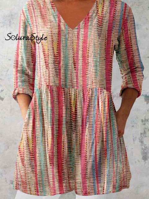 Women’s Artistic Irregular Pattern Cotton and Linen Round Neck Top