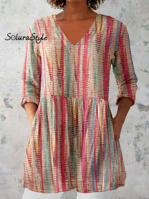 Women’s Artistic Irregular Pattern Cotton and Linen Round Neck Top Multicolor / S