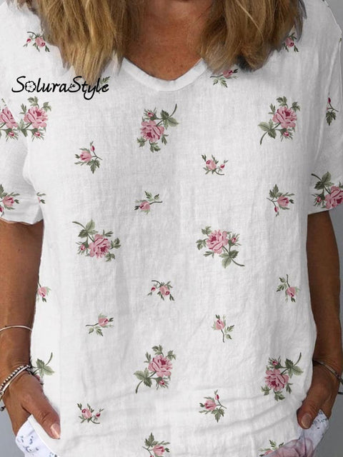 Women’s Artistic Rose Flower Pattern Cotton And Linen Short Sleeve Top