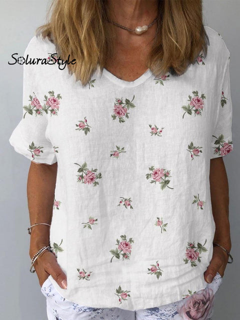 Women’s Artistic Rose Flower Pattern Cotton And Linen Short Sleeve Top White / S