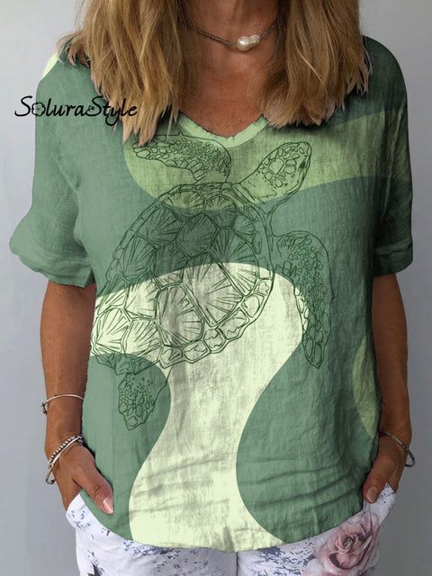 Women’s Azure Turtle Art Print Casual Cotton And Linen Shirt Multicolor / S