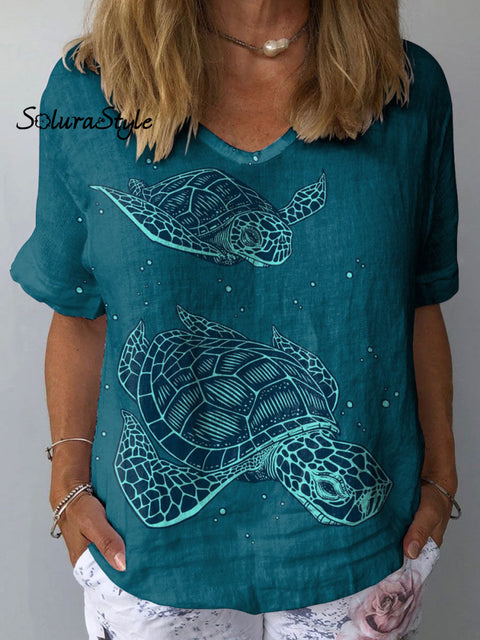 Women’s Azure Turtle Art Print Casual Cotton And Linen Shirt Multicolor / S