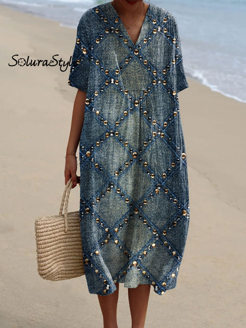 Women’s Beaded Denim Fabric Art Print Flowy Dress Multicolor / S