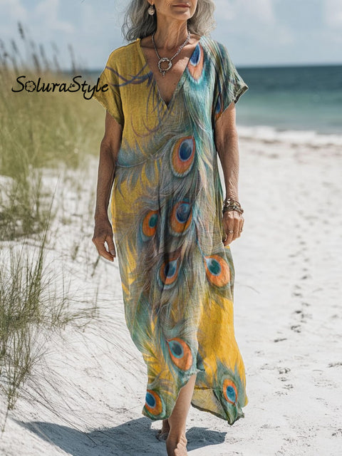 Women’s Beautiful Peacock Tail Art Print Pocket Cotton Dress Multicolor / S