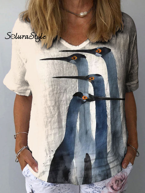 Women’s Bird Art Print Casual Cotton And Linen Shirt