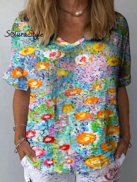 Women’s Blurred Flower Art Print Casual Cotton And Linen Shirt Multicolor / S