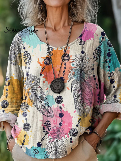 Women’s Bohemian Feather Art Print Casual Cotton And Linen Shirt Multicolor / S