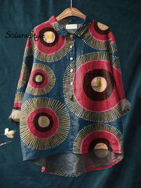 Women’s Boho Art Print Casual Cotton And Linen Shirt Multicolor / S