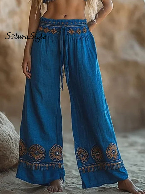 Women’s Boho Art Printed Cotton And Linen Casual Pants Multicolor / S