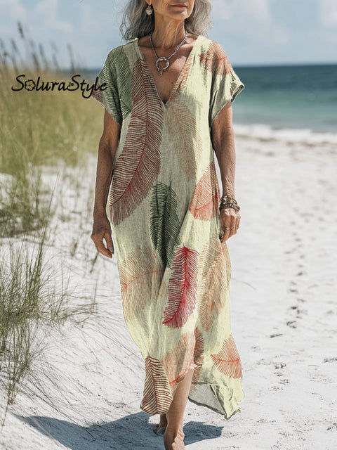 Women’s Boho Feather Art Print Pocket Cotton Dress Multicolor / S