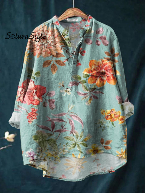 Women’s Bright Flower Art Print Casual Long Sleeve Comfortable Cotton Shirt Multicolor / S