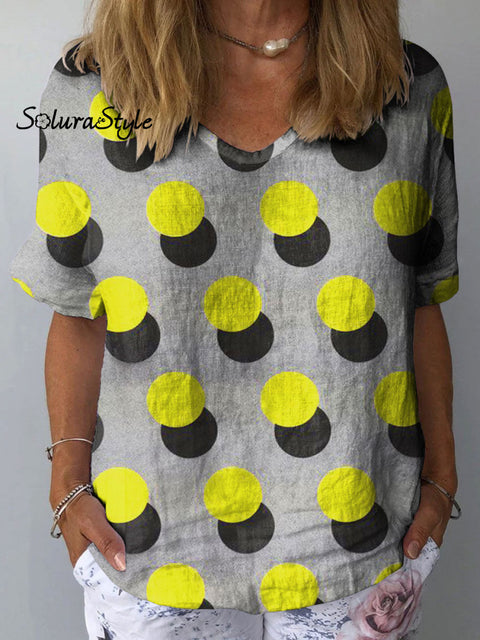Women’s Bright Yellow Polka Dot Art Print Casual Cotton And Linen Shirt Multicolor / S