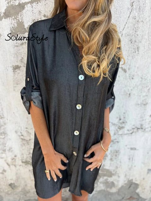 Women’s Casual Button Solid Color Fake Denim Long Shirt Dress Black / S