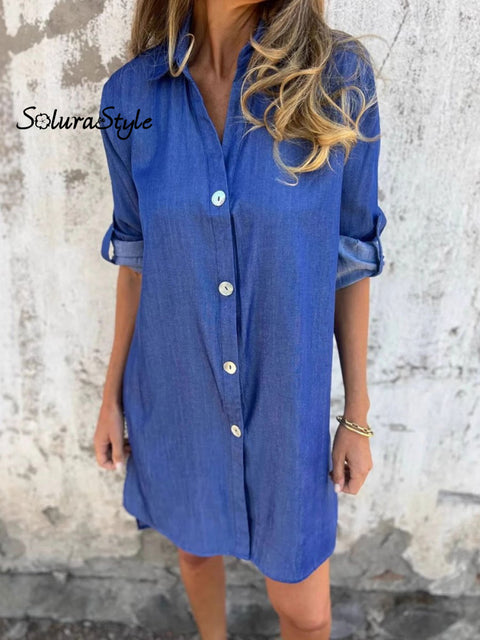 Women’s Casual Button Solid Color Fake Denim Long Shirt Dress Blue / S