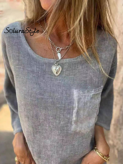 Women’s Casual Cotton And Linen Round Neck T-Shirt With Pockets Grey / S