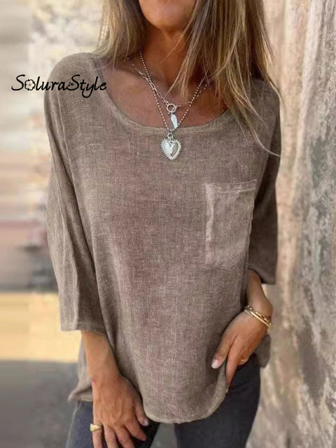 Women’s Casual Cotton And Linen Round Neck T-Shirt With Pockets Khaki / S