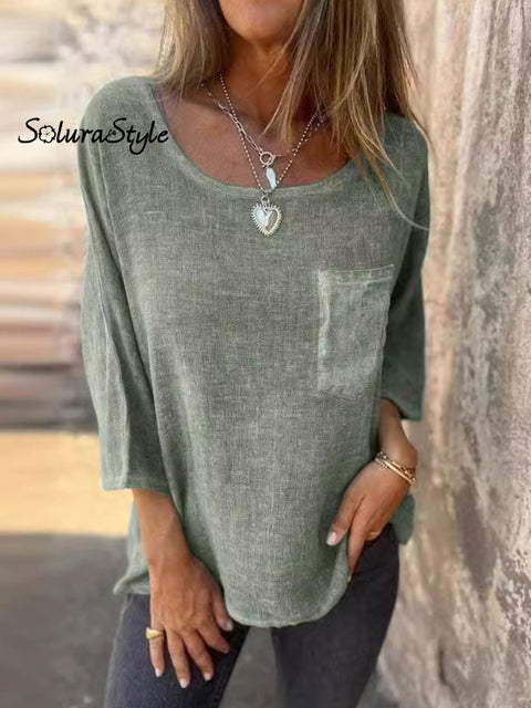 Women’s Casual Cotton And Linen Round Neck T-Shirt With Pockets Lightgreen / S