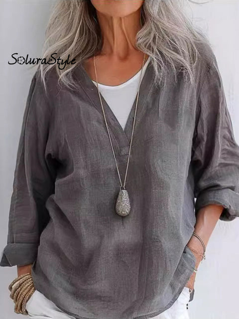 Women’s Casual Cotton And Linen V-Neck Long-Sleeved Shirt Grey / S