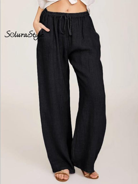 Women’s Casual Cotton Linen Loose Trousers Black / S