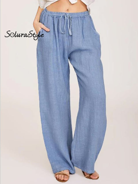 Women’s Casual Cotton Linen Loose Trousers Light Blue / S