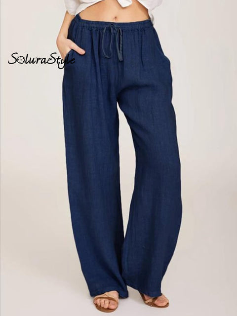 Women’s Casual Cotton Linen Loose Trousers Navy / S