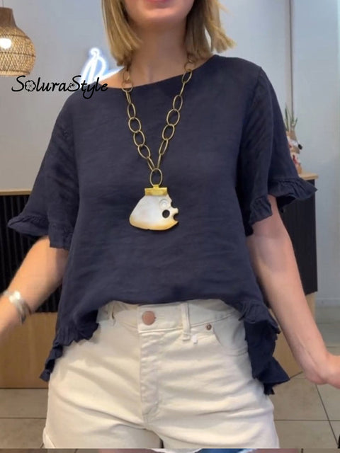 Women’s Casual Cotton Ruffled Short Sleeve Top Navy / S