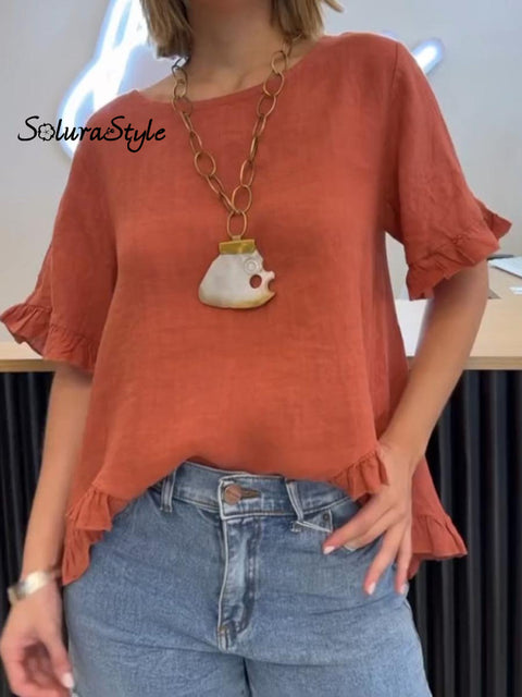 Women’s Casual Cotton Ruffled Short Sleeve Top Orange / S