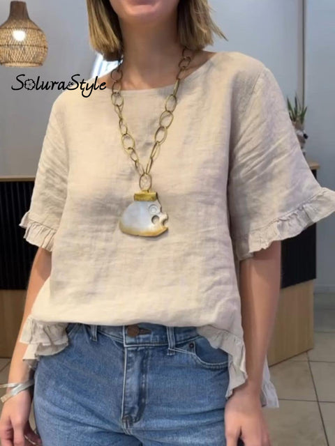 Women’s Casual Cotton Ruffled Short Sleeve Top Sand / S