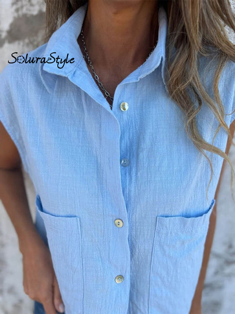 Women’s Casual Loose Cotton And Linen Button Pockets Shirt