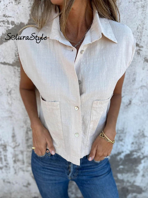 Women’s Casual Loose Cotton And Linen Button Pockets Shirt