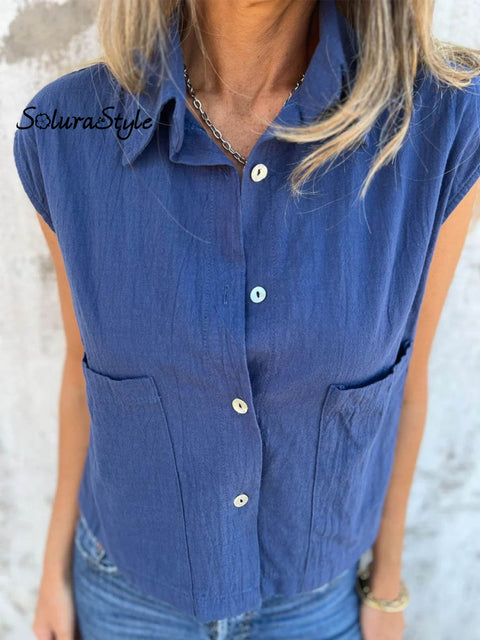 Women’s Casual Loose Cotton And Linen Button Pockets Shirt