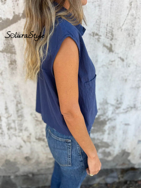 Women’s Casual Loose Cotton And Linen Button Pockets Shirt