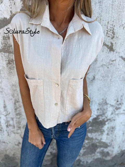 Women’s Casual Loose Cotton And Linen Button Pockets Shirt Apricot / S