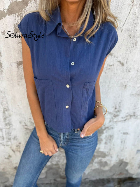 Women’s Casual Loose Cotton And Linen Button Pockets Shirt Blue / S