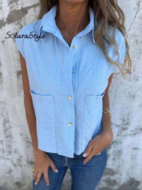 Women’s Casual Loose Cotton And Linen Button Pockets Shirt Lightblue / S
