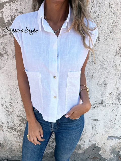 Women’s Casual Loose Cotton And Linen Button Pockets Shirt White / S