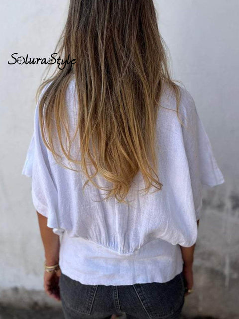 Women’s Casual Loose Cotton And Linen V-Neck T-Shirt