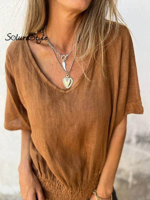 Women’s Casual Loose Cotton And Linen V-Neck T-Shirt