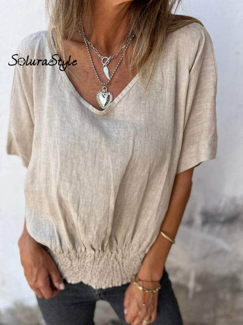 Women’s Casual Loose Cotton And Linen V-Neck T-Shirt