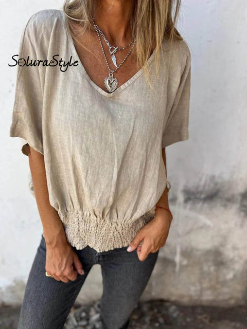 Women’s Casual Loose Cotton And Linen V-Neck T-Shirt Apricot / S