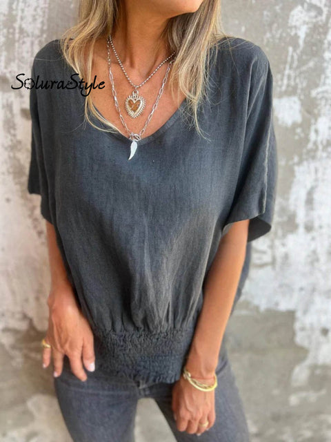 Women’s Casual Loose Cotton And Linen V-Neck T-Shirt Black / S