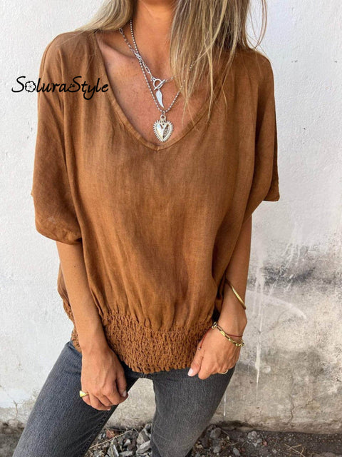 Women’s Casual Loose Cotton And Linen V-Neck T-Shirt Brown / S