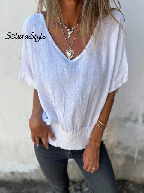 Women’s Casual Loose Cotton And Linen V-Neck T-Shirt White / S