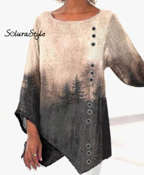 Women’s Casual Loose Cotton Linen Pullover Print Round Neck Long Shirt As Picture / S