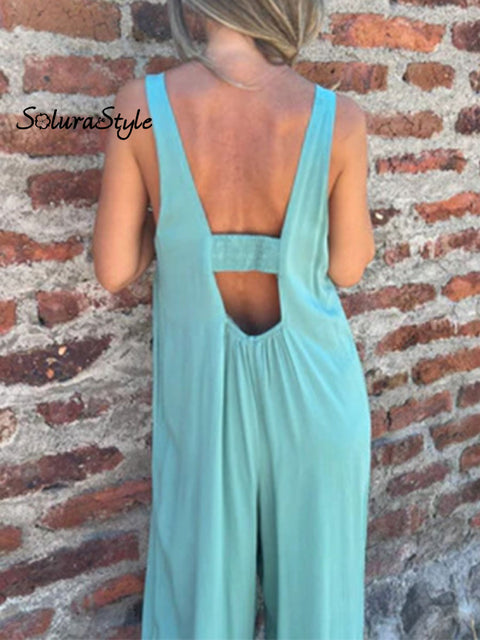 Women’s Casual Loose Pocket Button Solid Color Backless Jumpsuit