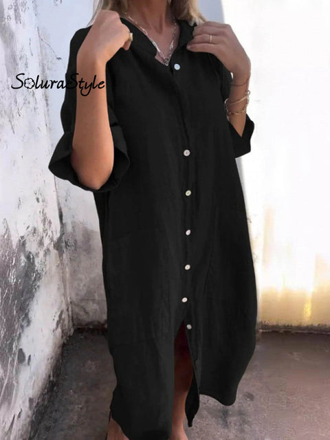 Women’s Casual Loose Stylish Solid Color Cotton And Linen Shirt Dress Black / S