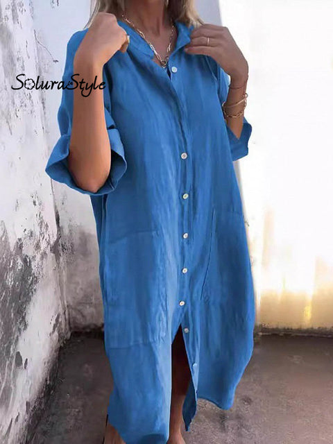 Women’s Casual Loose Stylish Solid Color Cotton And Linen Shirt Dress Blue / S
