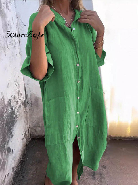 Women’s Casual Loose Stylish Solid Color Cotton And Linen Shirt Dress Green / S