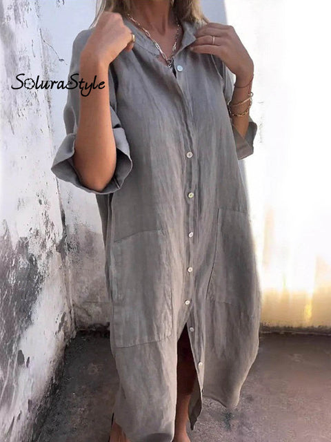 Women’s Casual Loose Stylish Solid Color Cotton And Linen Shirt Dress Grey / S