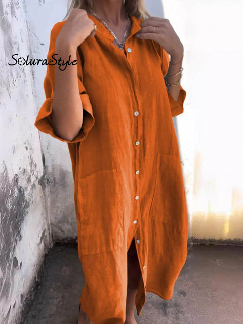 Women’s Casual Loose Stylish Solid Color Cotton And Linen Shirt Dress Orange / S